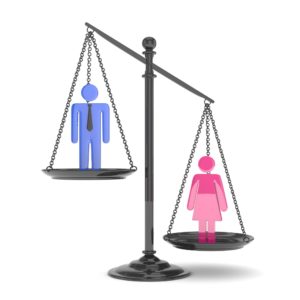 Isolated old fashioned pan scale with man and woman on white background. Gender inequality. Female is heavier. Law issues. Colorful model. 3D rendering.